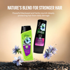Vatika Naturals Blackseed Shampoo label close-up highlights Turkish oil for hair strength.