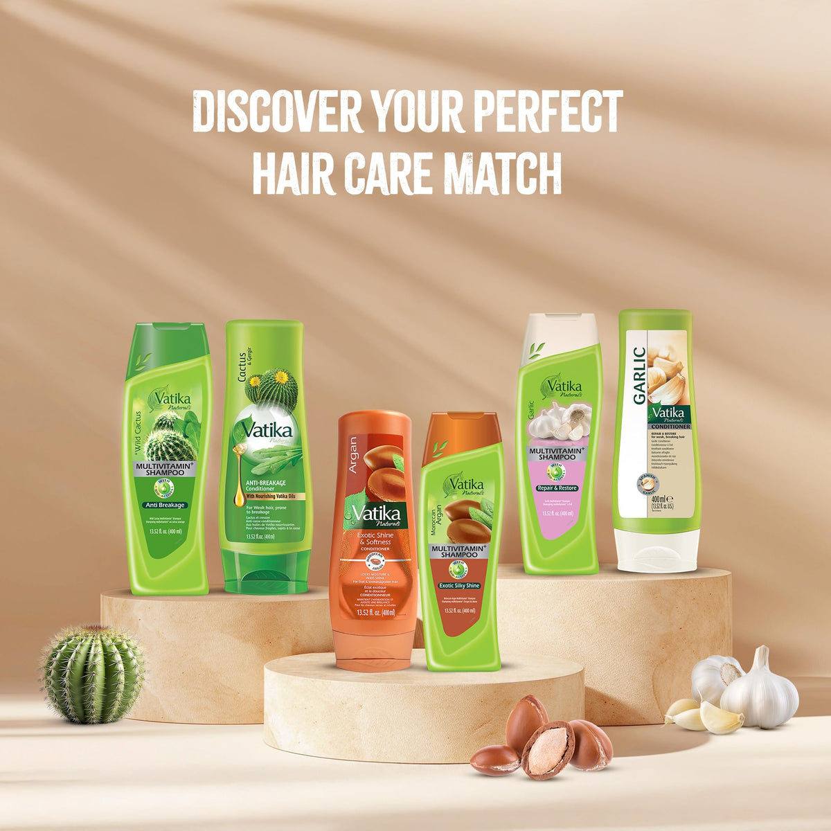 Vatika Naturals bottle assembly on shelf conveys accessible, everyday hair care routine.