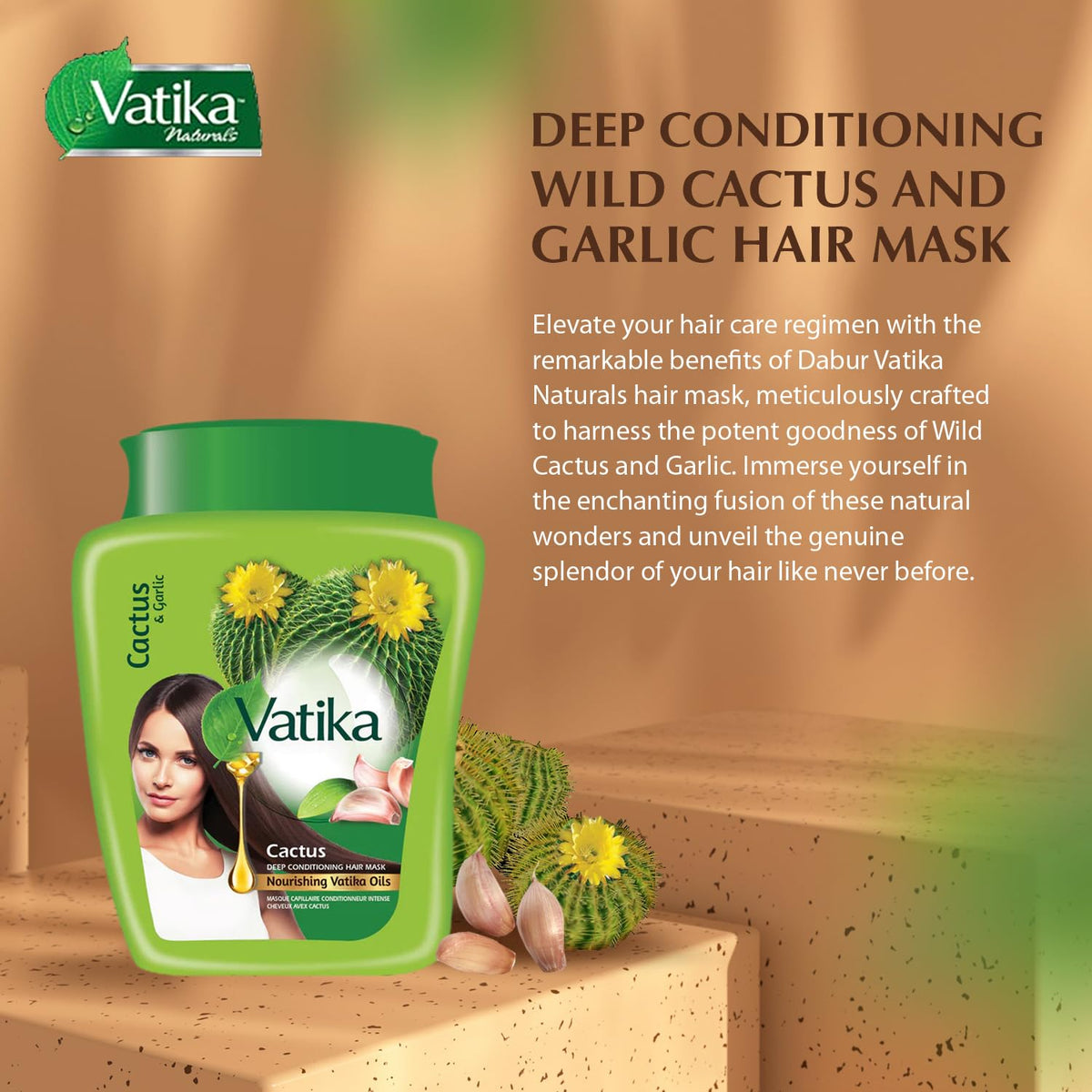 Cactus and garlic ingredients highlight the mask’s moisturizing and strengthening potential.