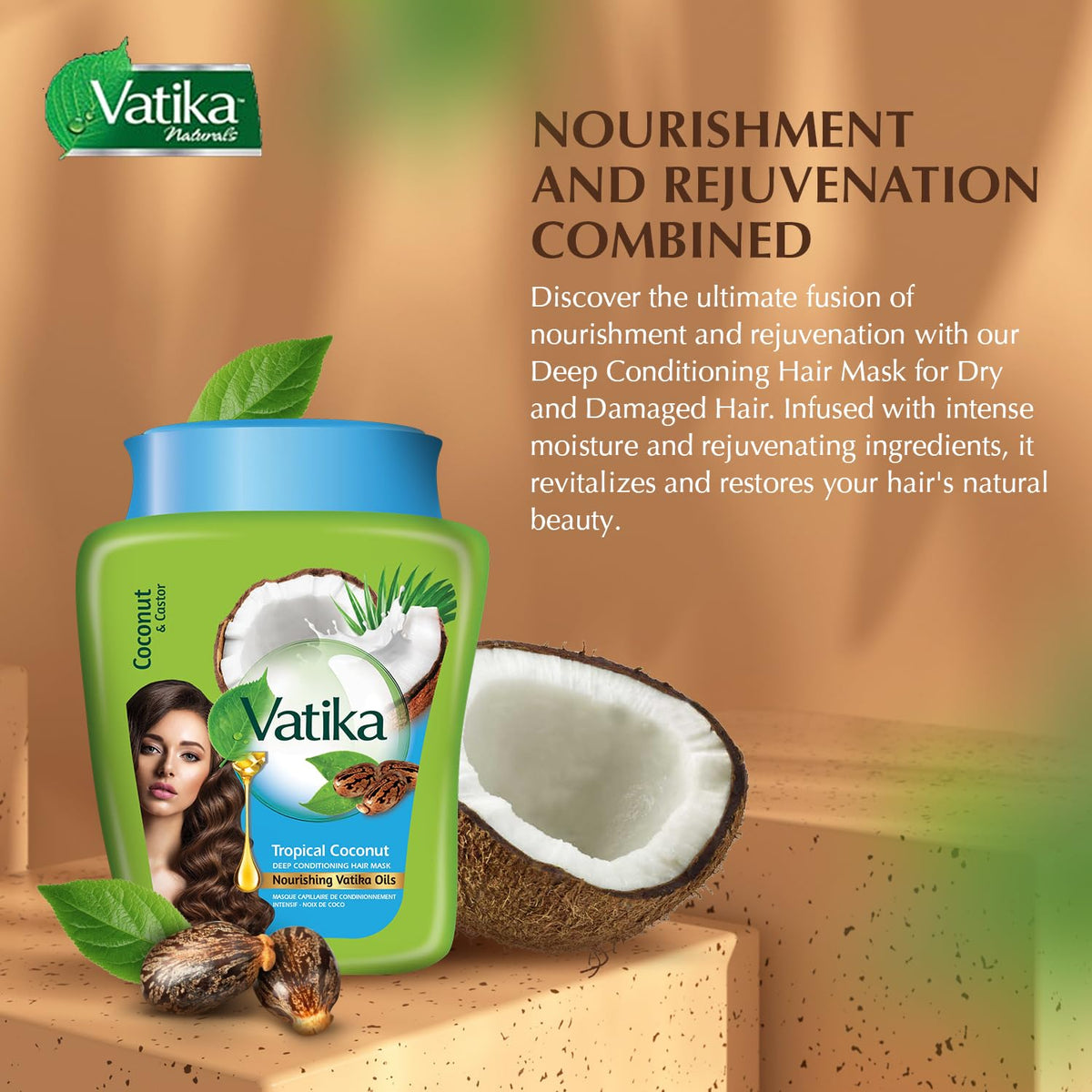 Vatika Naturals Hot Oil Hair Mask multivitamin blend highlights nourishing care for vibrant hair.