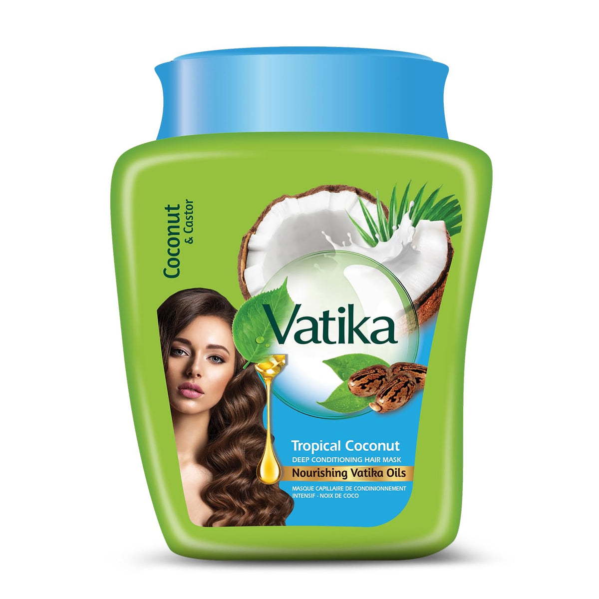 Vatika Naturals Hot Oil Hair Mask tropical coconut jar boosts deep conditioning for dry hair.