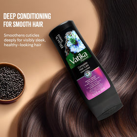 Vatika Naturals natural ingredients close-up features blackseed and botanicals for nourishment.