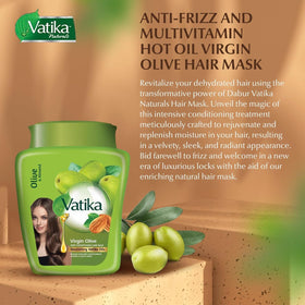 Vatika Naturals Olive Deep Conditioning Hair Mask jar highlights nourishing, easy wash-out care.