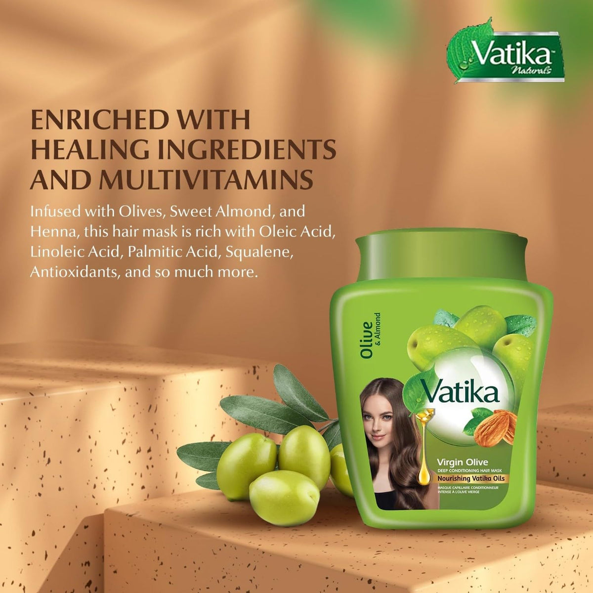 Texture close-up of Vatika Naturals Olive Deep Conditioning Hair Mask shows a rich, creamy formula.