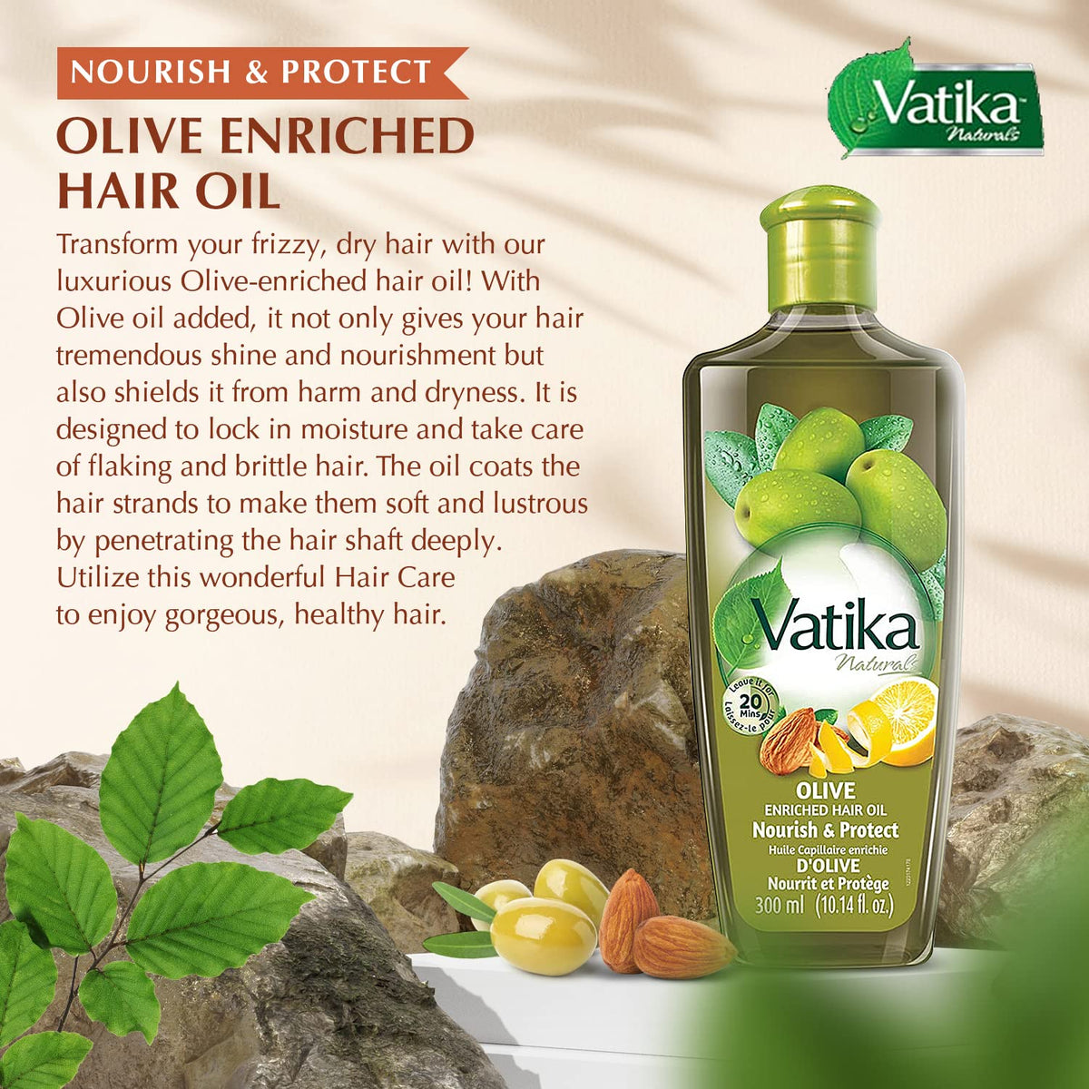 Vatika Naturals label shows olive, almond, cactus ingredients for nourishment