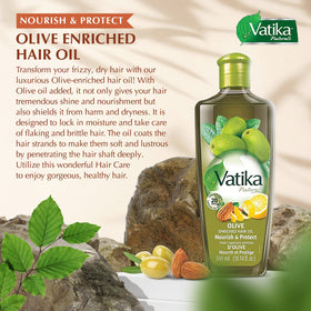 Vatika Naturals label shows olive, almond, cactus ingredients for nourishment