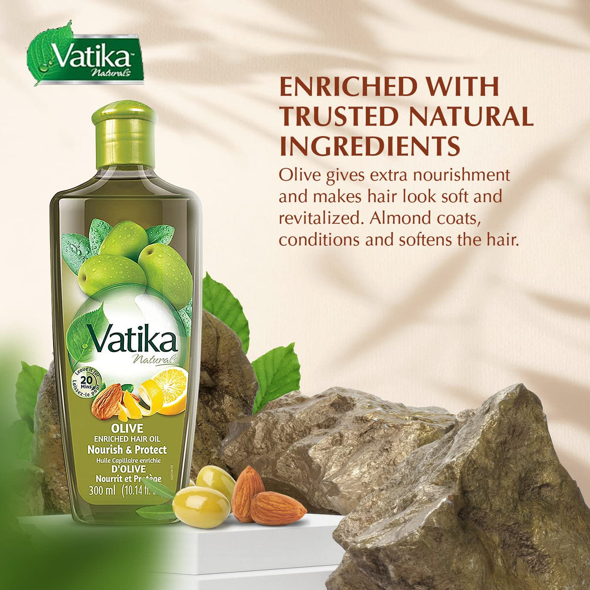 Vatika Naturals olive-enriched oil applied to scalp for gentle massage