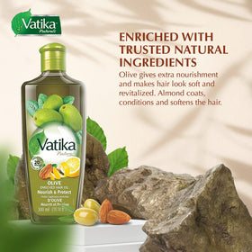Vatika Naturals olive-enriched oil applied to scalp for gentle massage