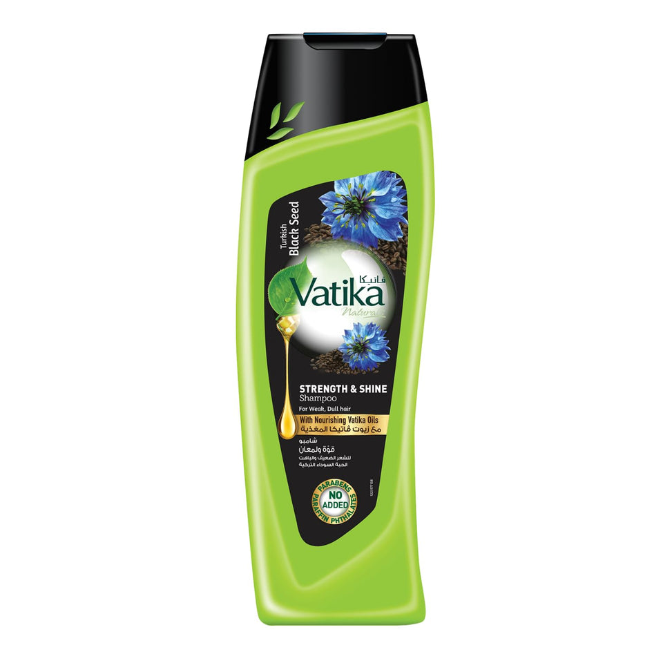 Vatika Naturals Turkish Black Seed Strength & Shine Shampoo bottle shows nourished, strong hair