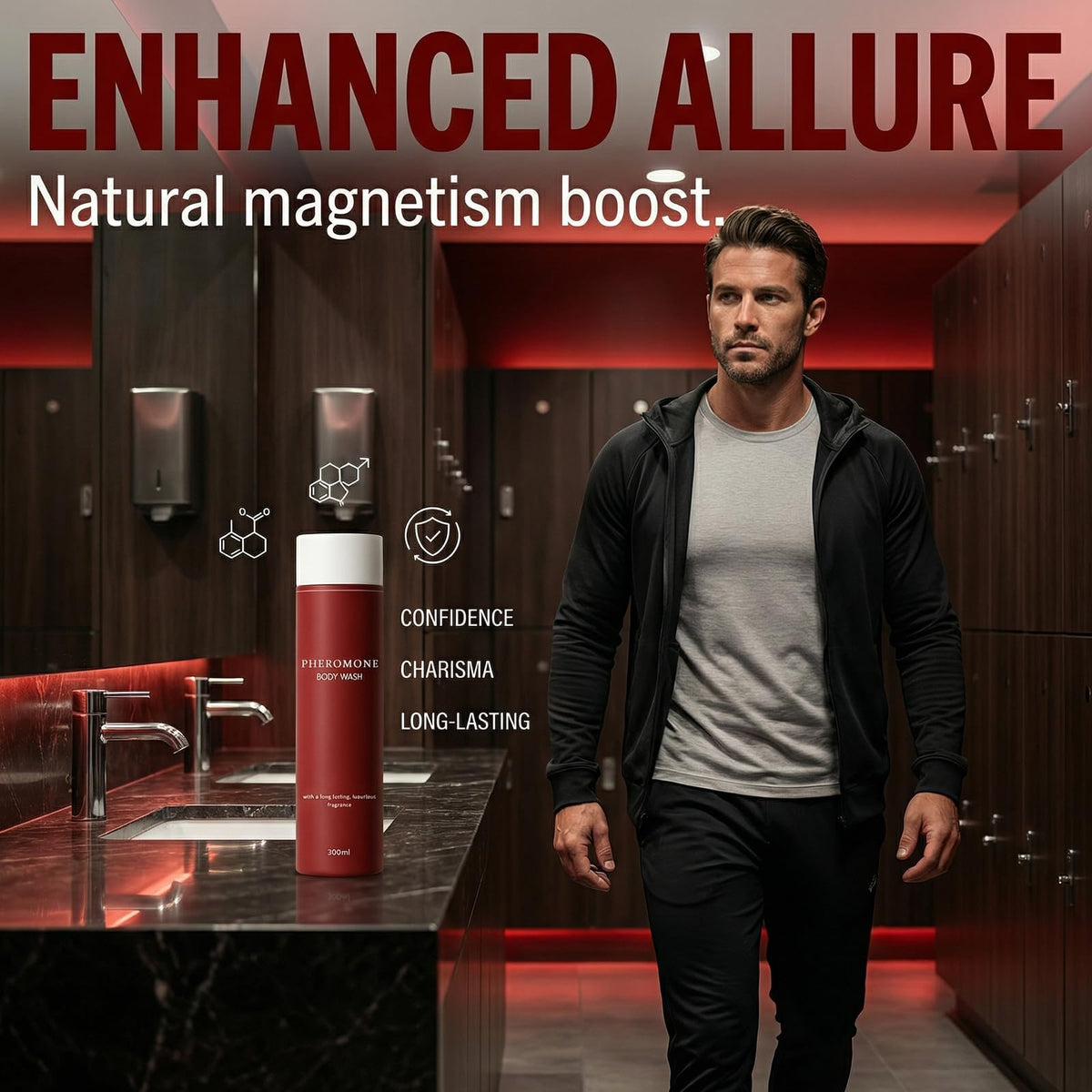 In shower scene with a man using the product implies a refreshing routine