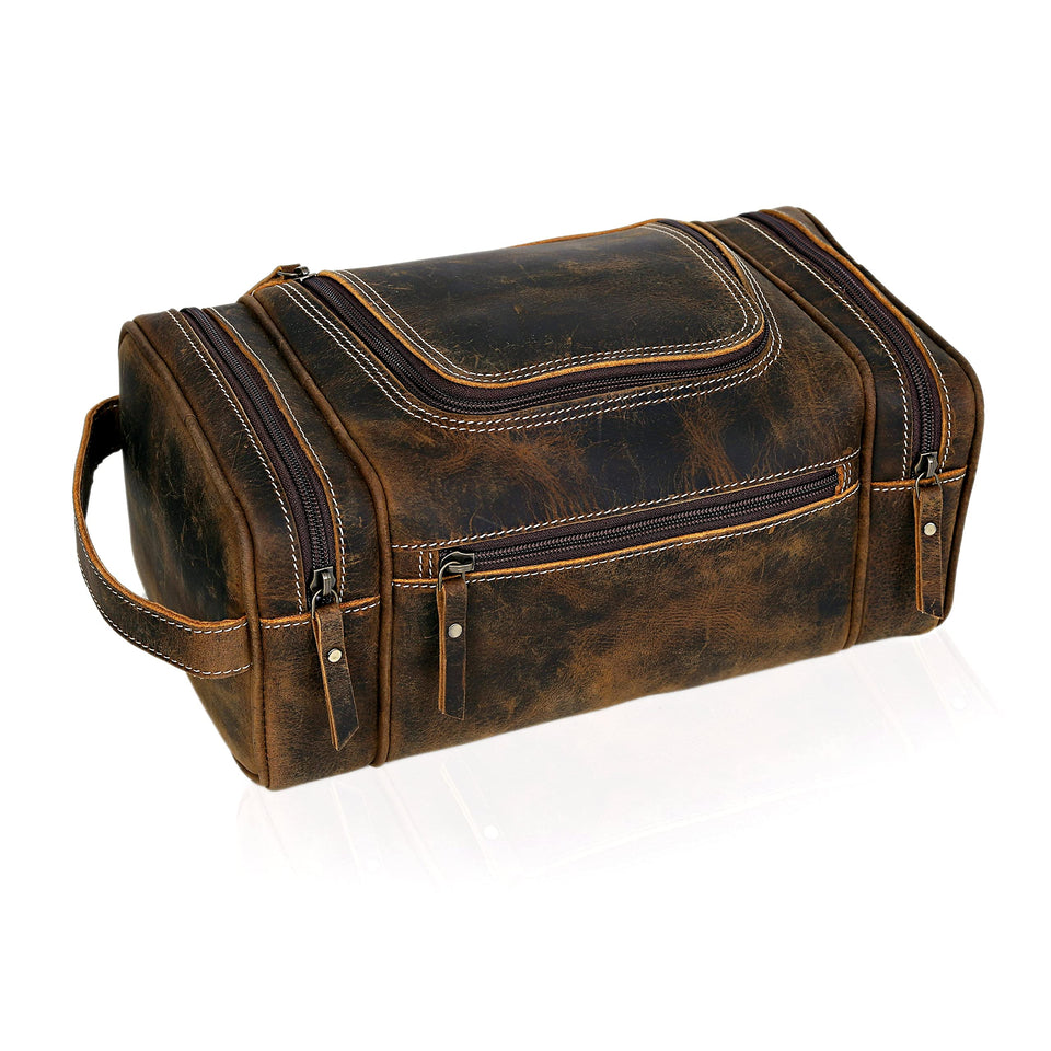 VC Vintage Couture leather toiletry bag exterior shows premium leather and rugged durability for travelers.