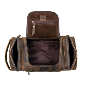 VC Vintage Couture leather toiletry bag organizes personal care items and essentials.