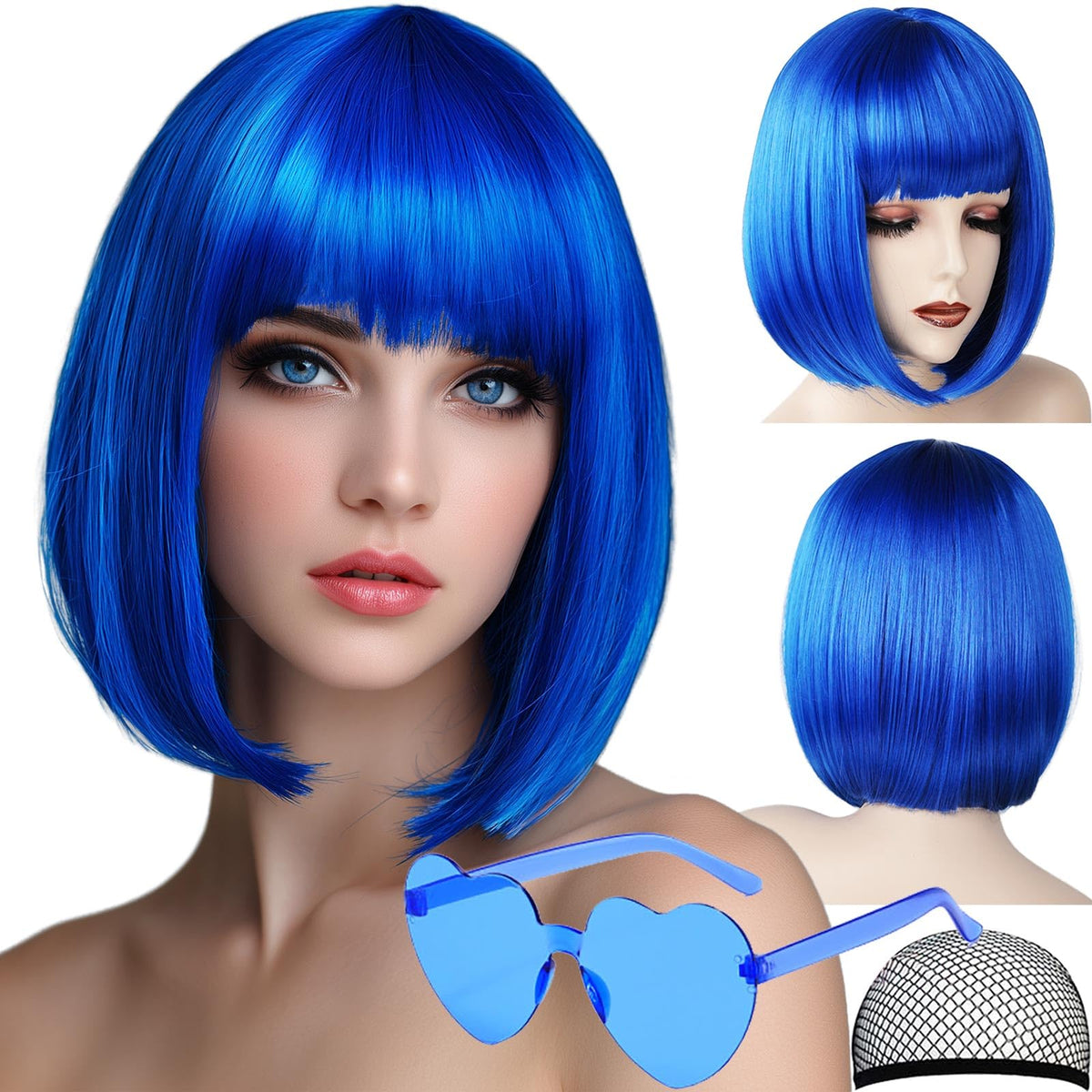 VCAY blue bob wig with bangs for versatile daily wear