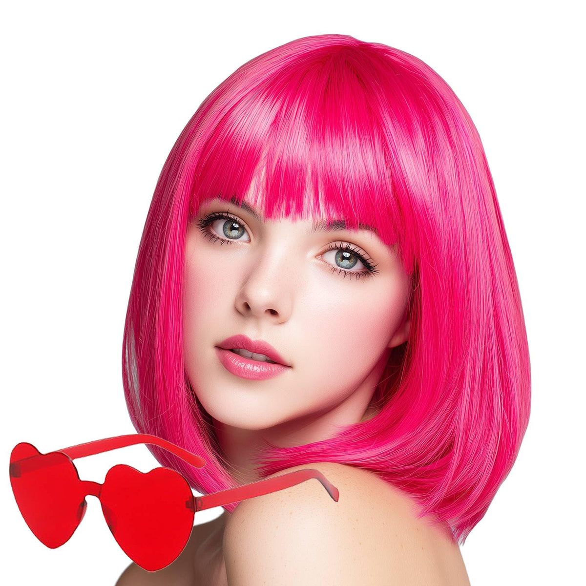 VCAY bob wig 12-inch hot pink with bangs, bold color for cosplay.