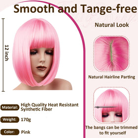 VCAY pink bob wig bangs detail for smooth fringe and face-framing look.