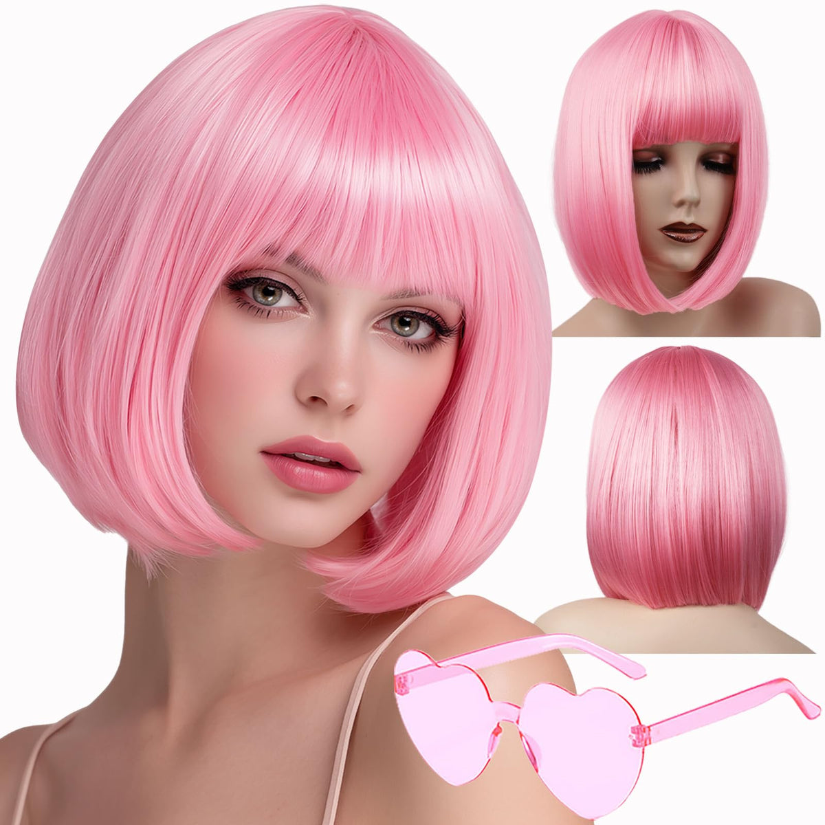 VCAY 12-inch pink bob wig front view for cosplay and daily style.