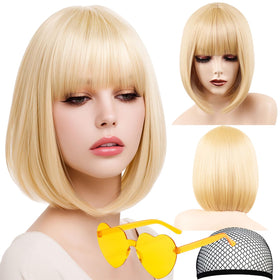 VCAY 12inch blonde bob wig with bangs for cosplay or daily wear