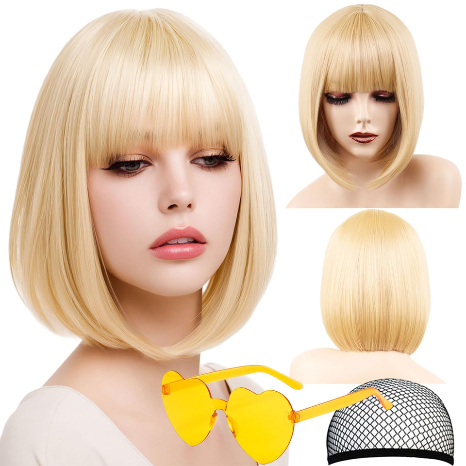 VCAY 12inch blonde bob wig with bangs for cosplay or daily wear