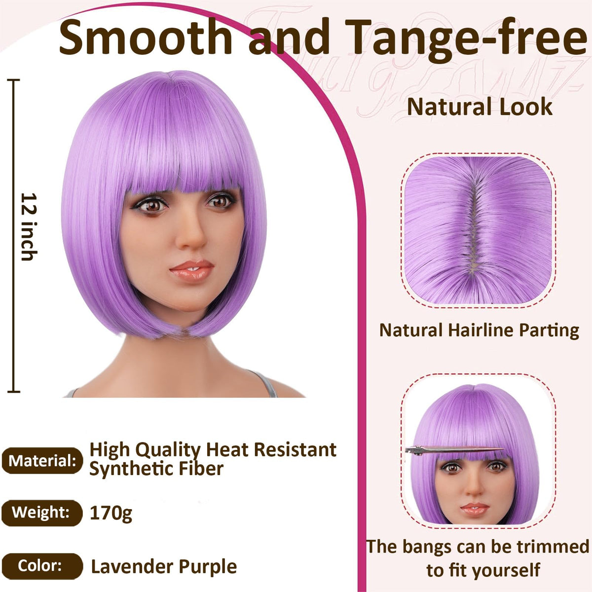 VCAY lavender straight bob with bangs for daily wear and style versatility.
