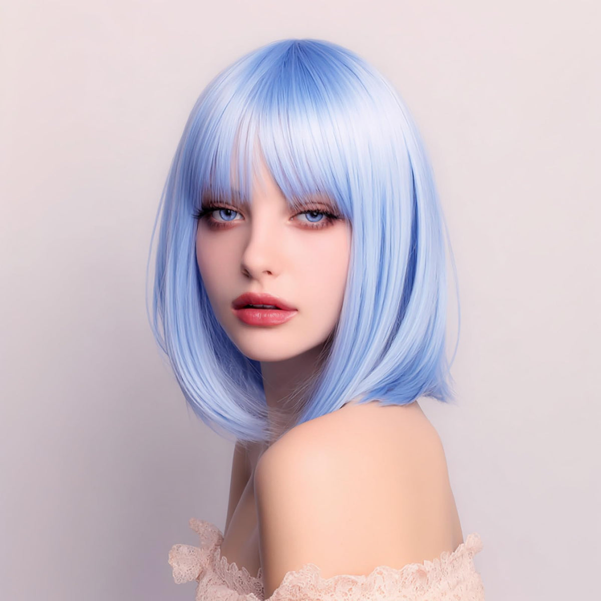 VCAY pastel-blue bob wig 12-inch length ideal for quick style changes.