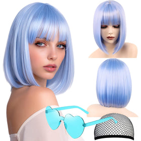 VCAY pastel blue bob wig with bangs for cosplay and daily wear.