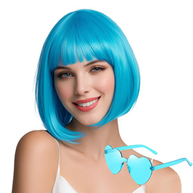 VCAY teal blue bob wig with bangs for cosplay and daily wear