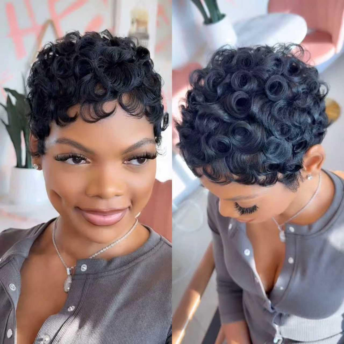 VCK Short Wigs Pixie Side View highlights layered texture for versatile styling options.