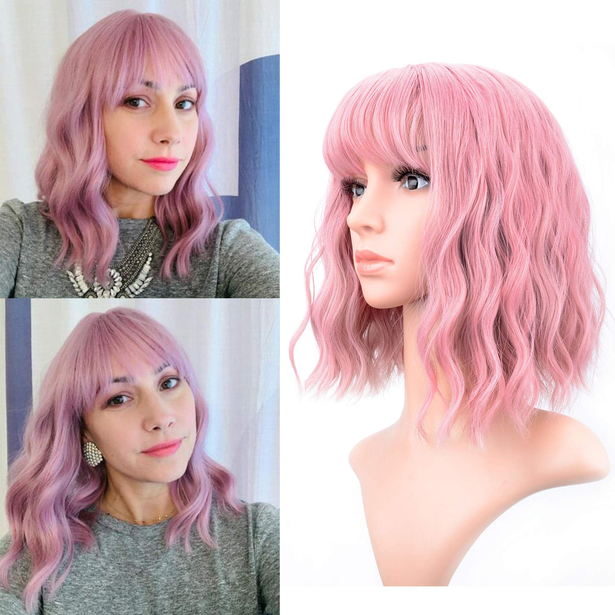 VCKOVCKO pink wavy wig with air bangs, 12-inch length, ideal for daily wear.