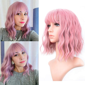 VCKOVCKO pink wavy wig with air bangs, 12-inch length, ideal for daily wear.