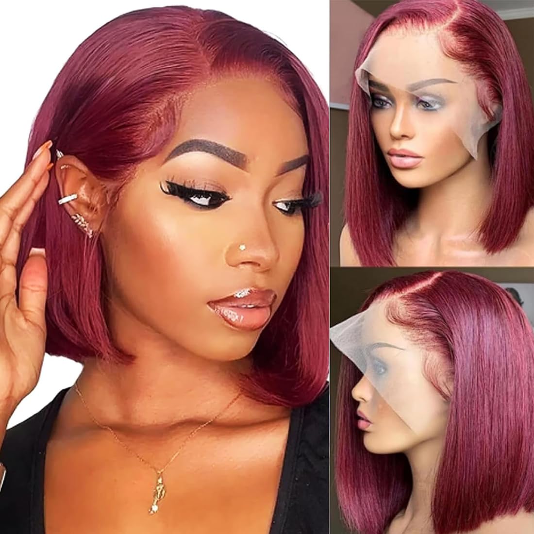 VCVVCV 99J Burgundy Bob Wig front view with natural lace front for seamless daily wear
