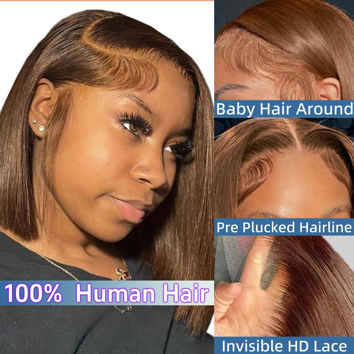 VCVVCV Brown Bob Wig side part showing true density for seamless blend.