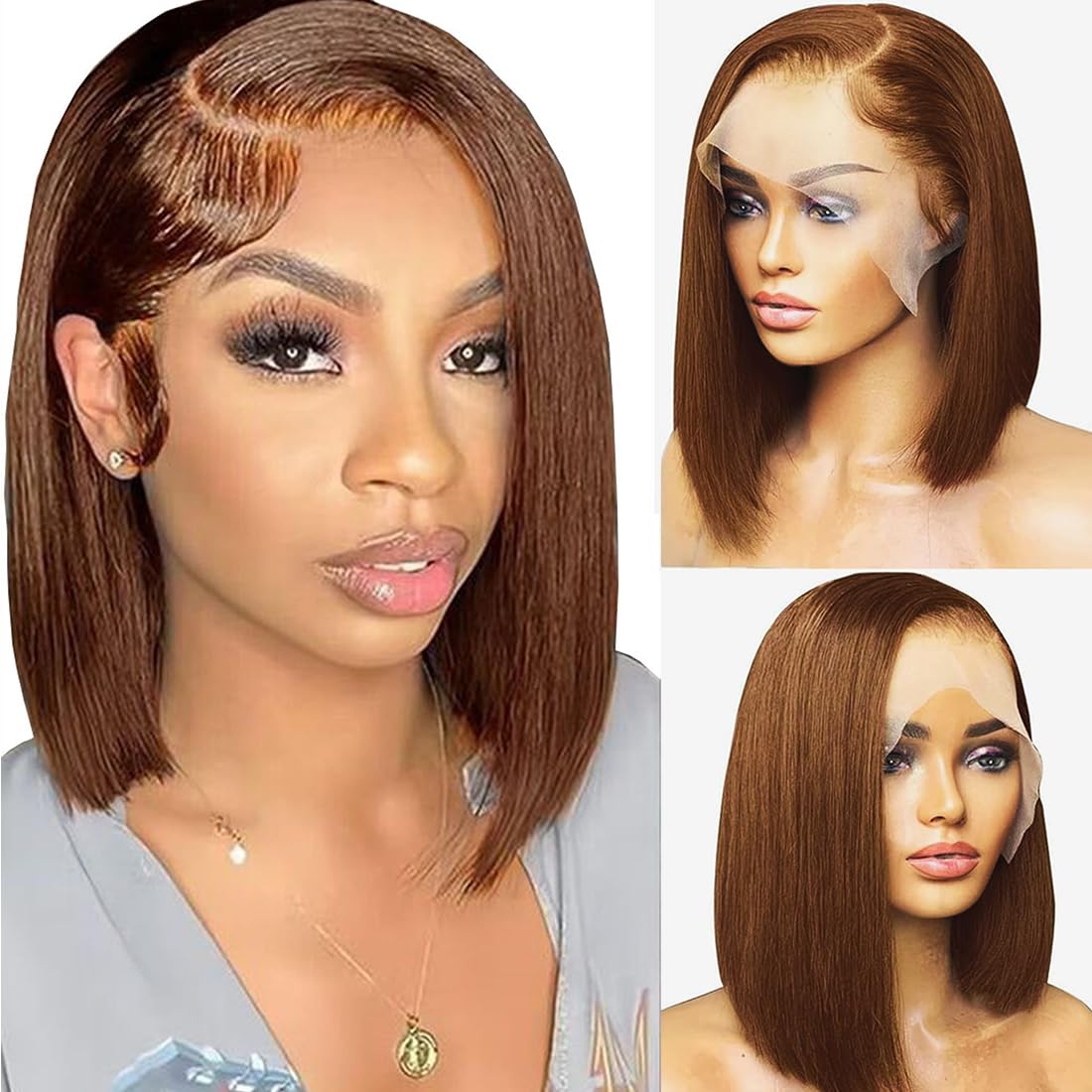 VCVVCV brown bob wig front view shows 13x6 lace front for natural blend
