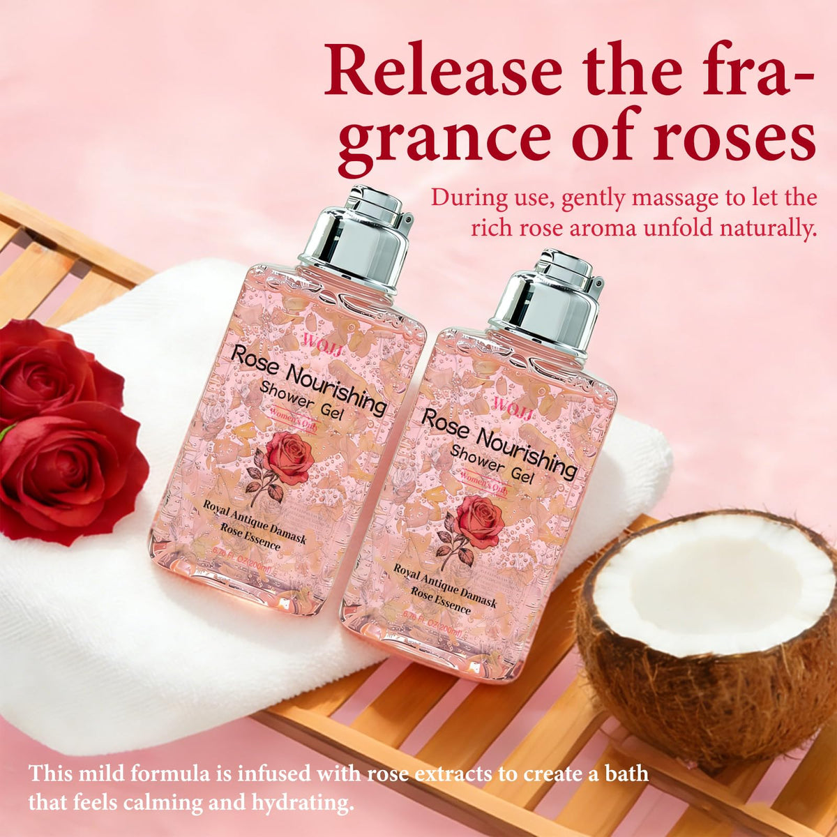 VDBHI Rose Shower Gel daily-use scene in bathroom setting.
