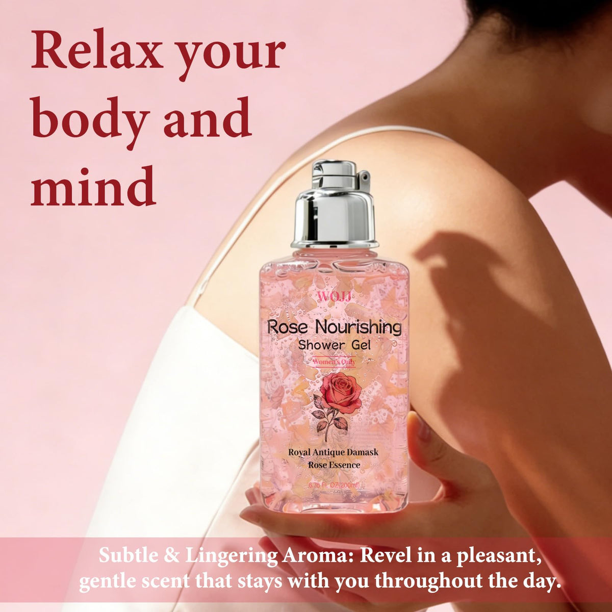 VDBHI Rose Shower Gel natural oils infusion close-up imagery.