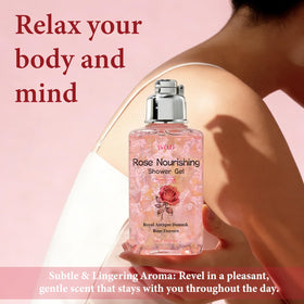 VDBHI Rose Shower Gel natural oils infusion close-up imagery.