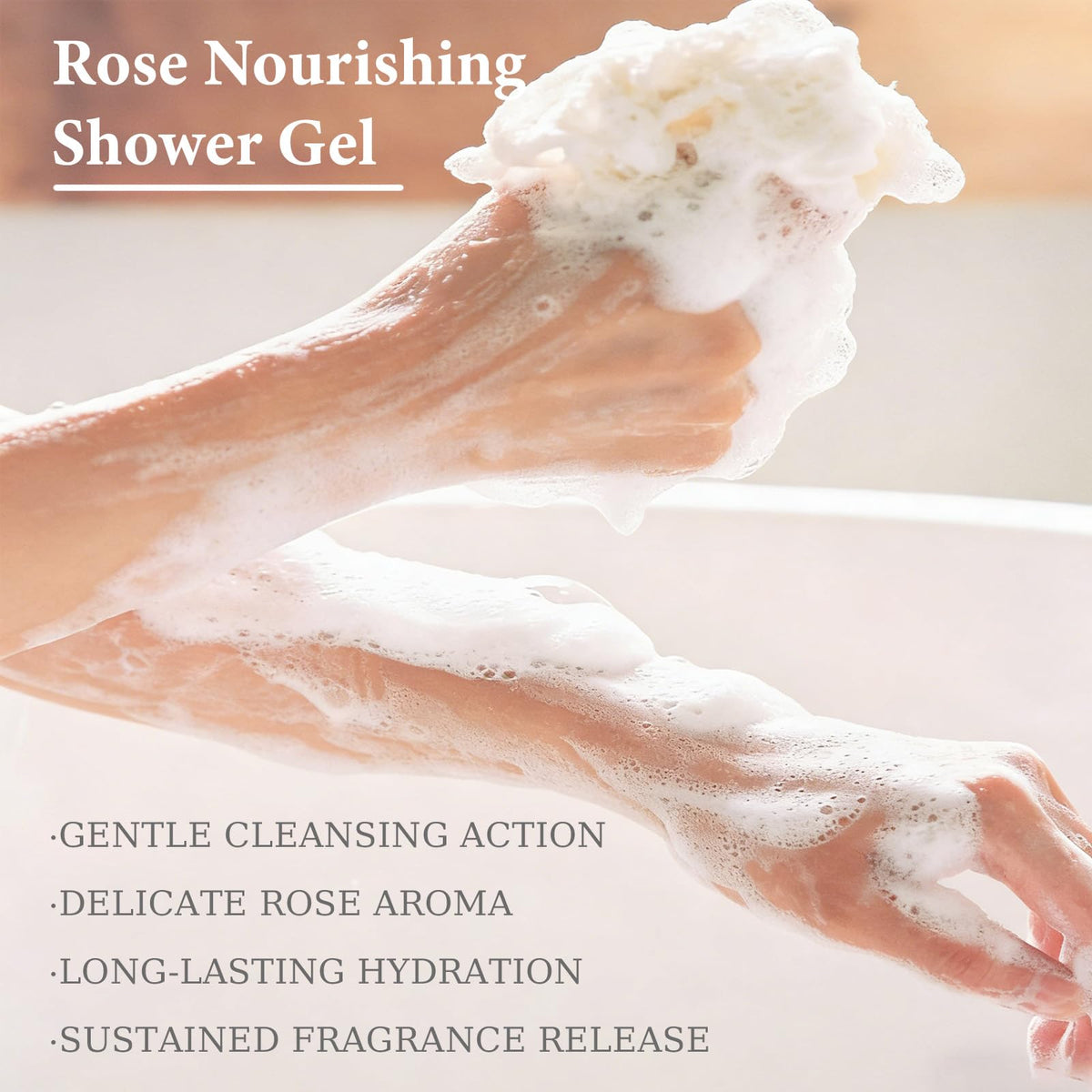 VDBHI Rose Shower Gel rose damascena detail on bottle label.