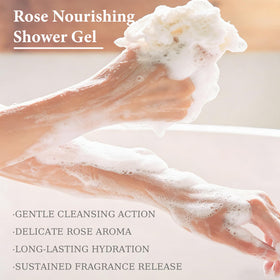 VDBHI Rose Shower Gel rose damascena detail on bottle label.