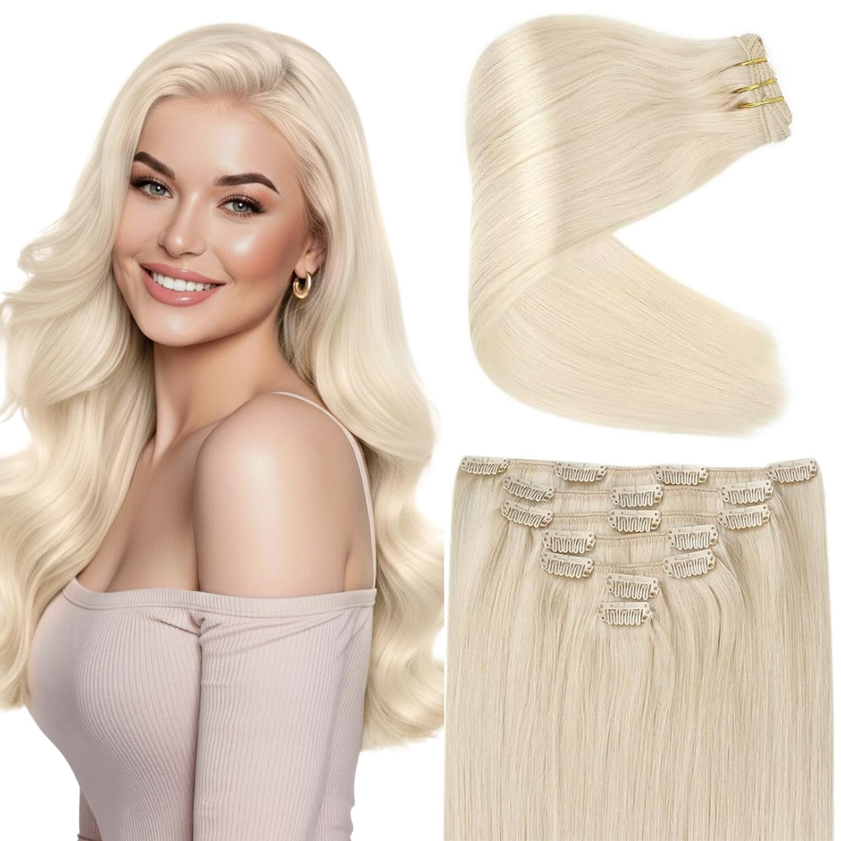 Ve Sunny platinum blonde clip-in extensions worn for natural fullness and easy styling