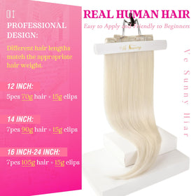 Ve Sunny platinum blonde clip-in extensions close-up showing real hair texture for seamless color