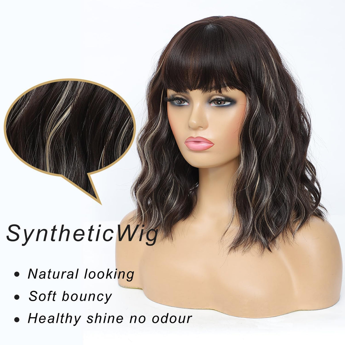 Veally bob wig with brown and blonde highlights; soft synthetic fibers