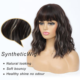 Veally bob wig with brown and blonde highlights; soft synthetic fibers