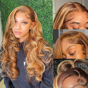 Veally Honey Blonde lace front wig front view with natural hairline and soft baby hairs.