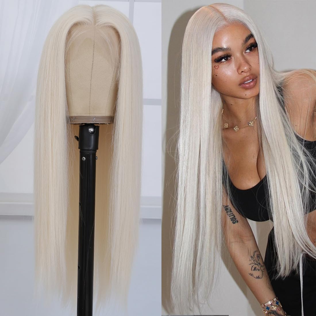 Veally Platinum Blonde wig lace-front closeup shows natural hairline and baby hairs for realism
