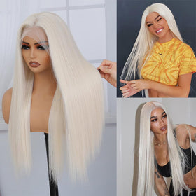 Veally Platinum Blonde wig free-part style showcases versatile parting options for different looks