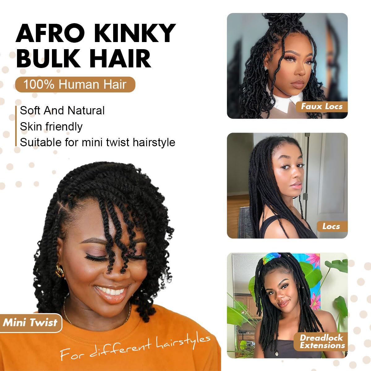 Vecago Afro Kinky Bulk Hair dyed-ready fibers for color customization