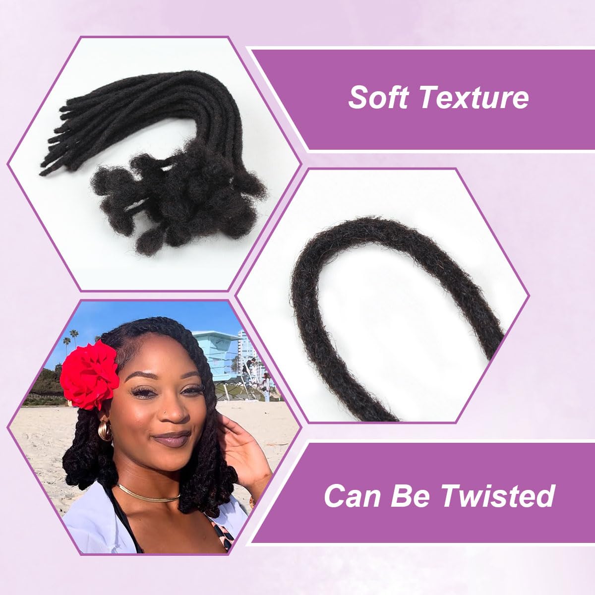Vecago model wearing loc extensions shows natural length and comfortable feel.