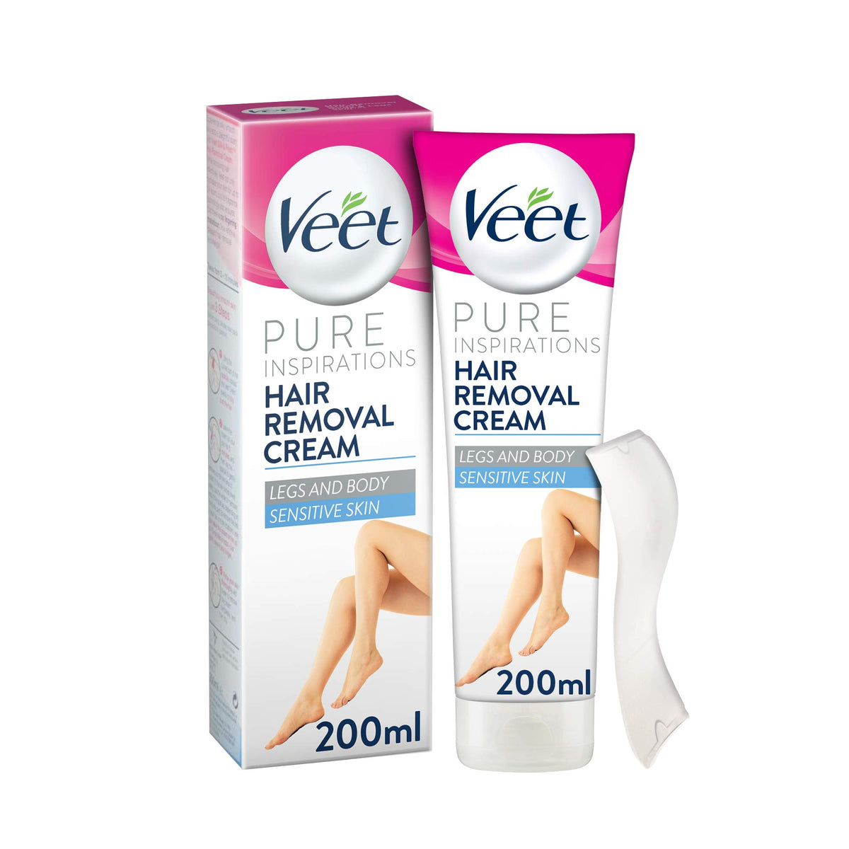 Veet Hair Removal Cream sensitive skin bottle closeup highlights gentle formula for smooth skin