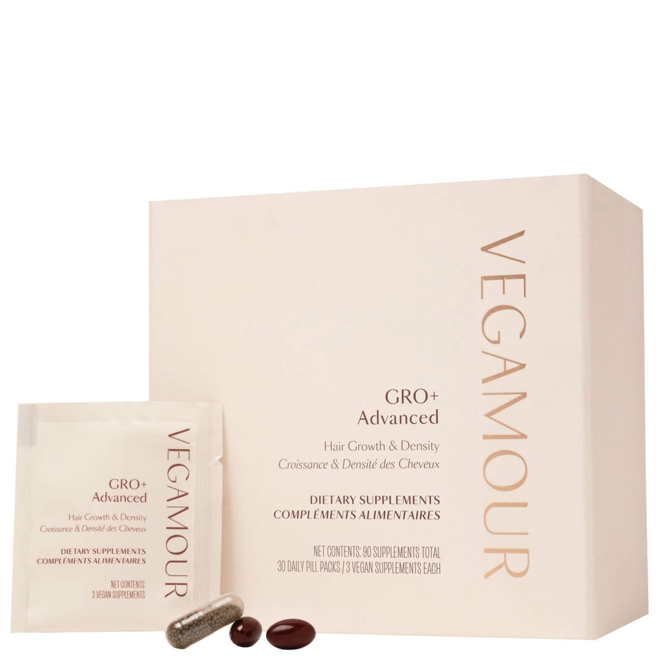 VEGAMOUR GRO+ box front for easy daily hair nourishment.