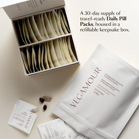 VEGAMOUR GRO+ box on desk illustrating convenient regimen.