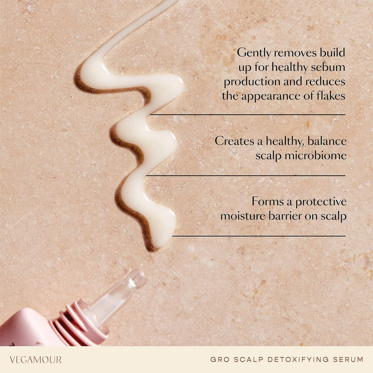 VEGAMOUR GRO Scalp Detoxifying Serum application drops for even coverage.
